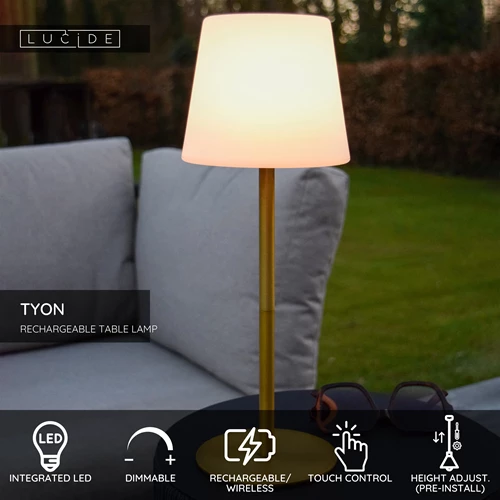 Lucide TYON - Rechargeable Table lamp Indoor/Outdoor - Battery pack - Ø 15 cm - LED Dim. - 1x2W 2700K - IP65 - Matt Gold / Brass - USP